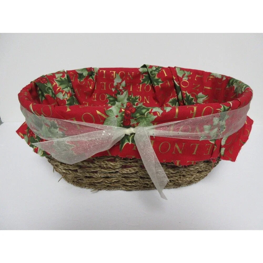 Fabric Covered Basket - Red/Green Holly  Noel Print